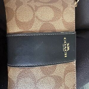 Coach Brown Signature Canvas Wallet with Black Leather Accent